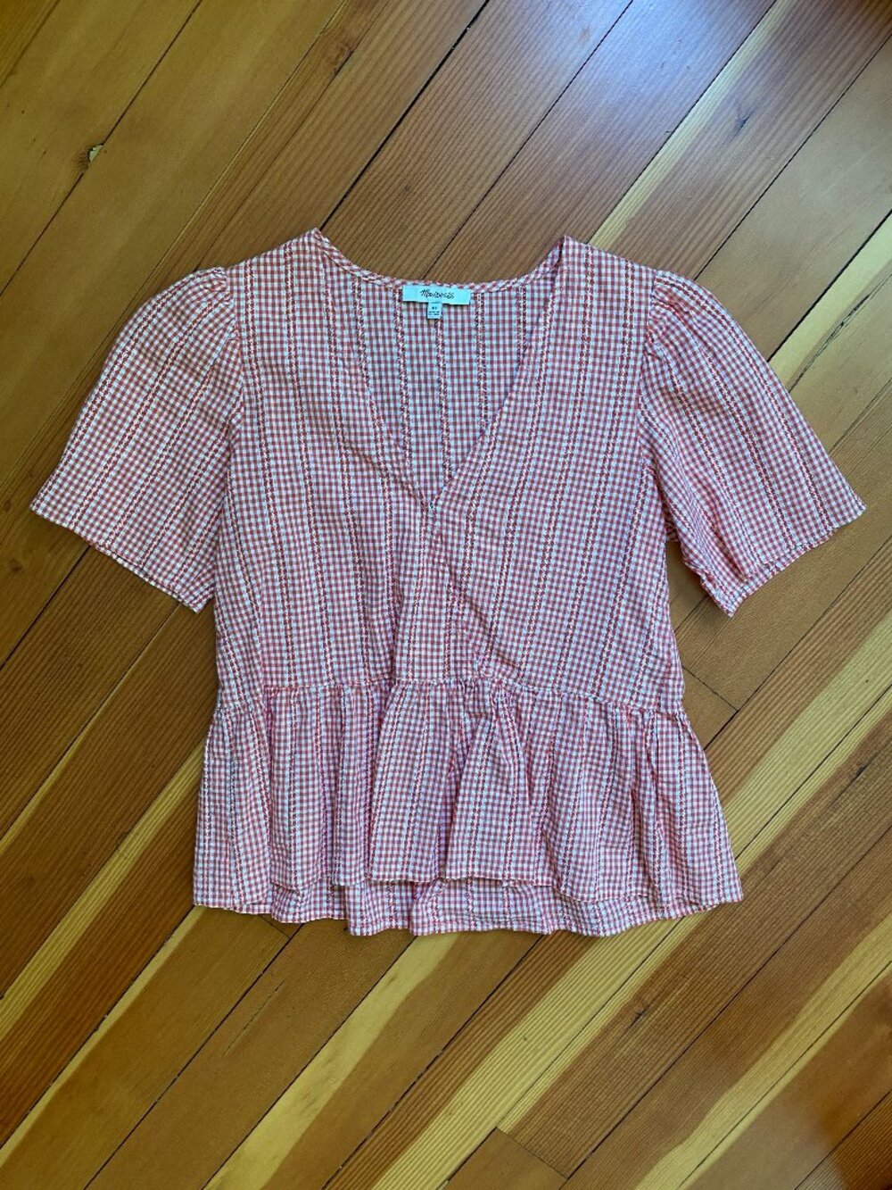Madewell Peplum Blouse in Gingham Check - Red and White - Size XS